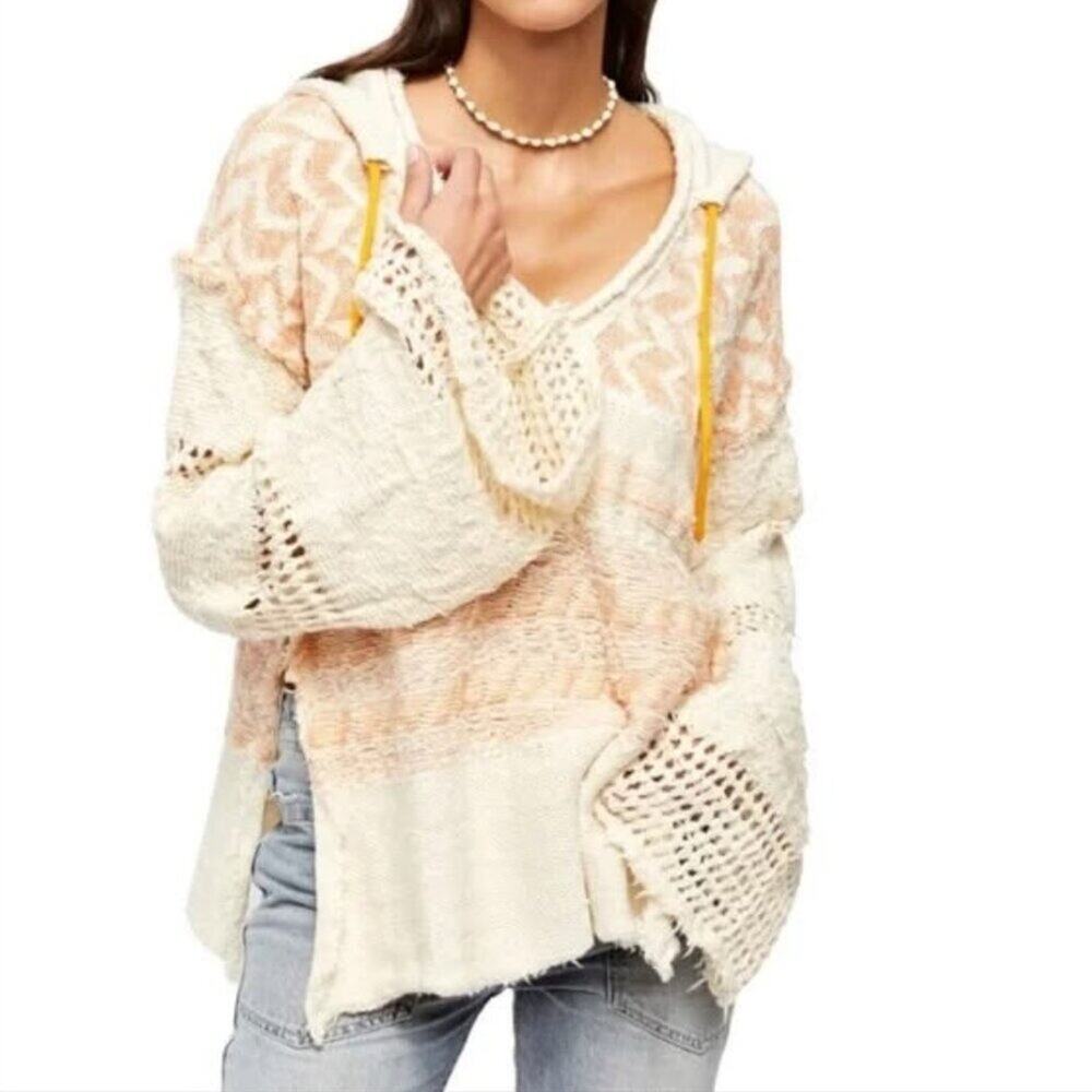 NWT Free People Women's Coastline Hoodie Sweatshirt in Creme Peach Combo Size XS